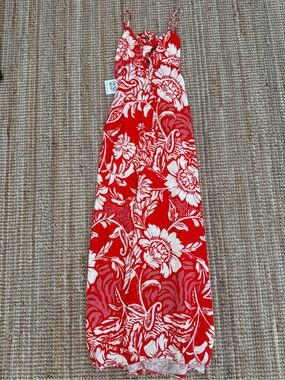 Red Floral Tie-Front Maxi Dress with White Print